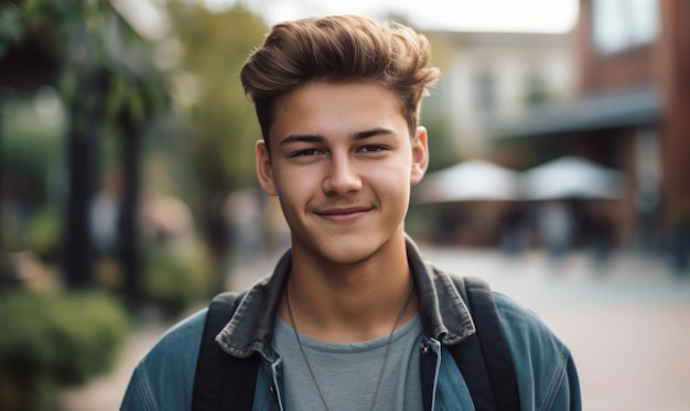 Foto blanke gelukkige man op de universiteitscampus portret van een mannelijke tienerstudent die zich in een generatieve ai-universiteit bevindt