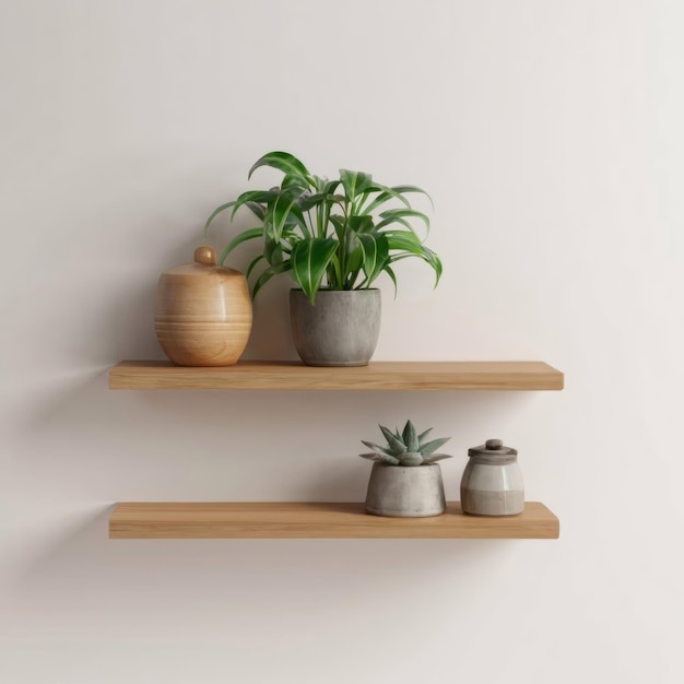 Foto blanke houten plank met een plant op een witte achtergrond en een kopieerruimte voor het tentoonstellen van producten