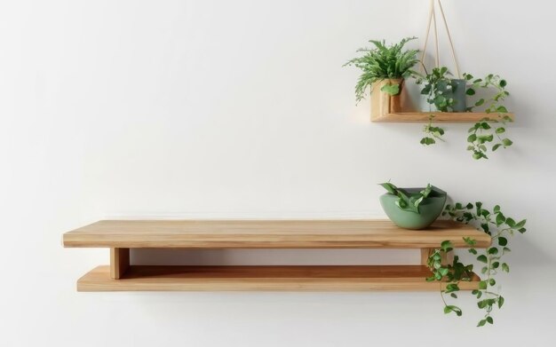 Foto blanke houten plank met een plant op een witte achtergrond en een kopieerruimte voor het tentoonstellen van producten