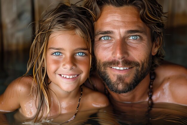 blanke man poseert met zijn zoon voor de camera ze zijn in het zwembad