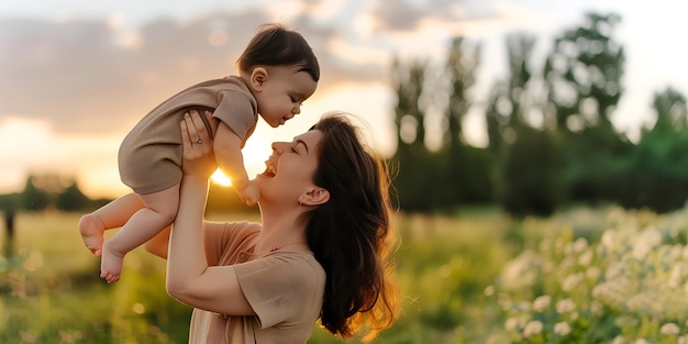 blanke moeder en haar baby op de weide