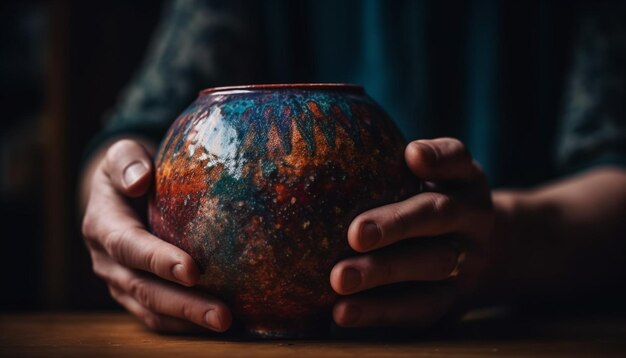 Foto blanke pottenbakker met aardewerken kruik die binnenshuis aan een rustieke tafel werkt, gegenereerd door ai