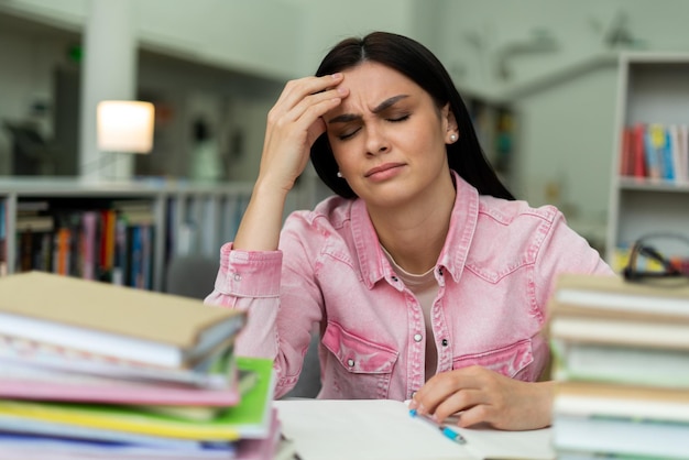 Blanke studentenvrouwen die boeken lezen in de bibliotheek aan de universiteit Jong studentmeisje voelt zich gestrest en heeft problemen tijdens het studeren