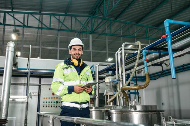 Blanke technicus ingenieur man in uniform met tablet die keteltanks en vloeistofpijpleiding controleert en controleert in de productielijn van de chemische fabriek