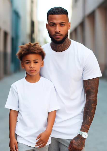 blanke vader en zoon, gekleed in bijpassende witte t-shirts