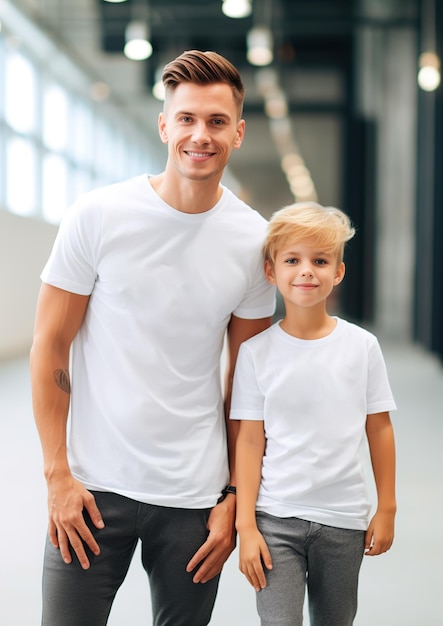 blanke vader en zoon, gekleed in bijpassende witte t-shirts