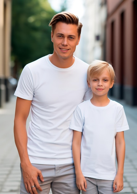 blanke vader en zoon, gekleed in bijpassende witte t-shirts