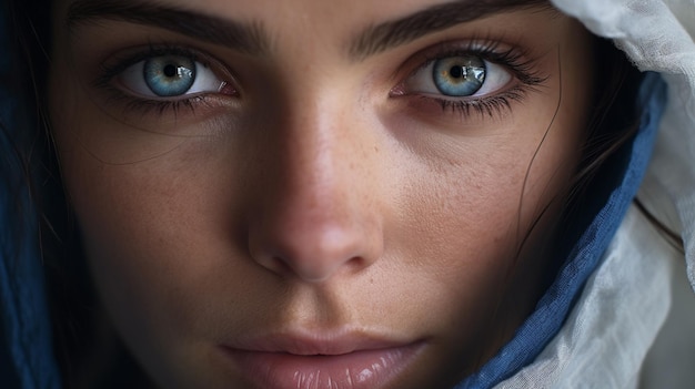 Foto blanke vrouw blauw oog staren naar camera in close-up