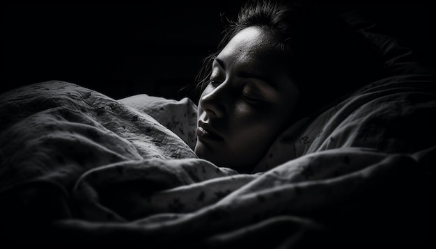 Blanke vrouw die in bed ligt en zich eenzaam voelt, gegenereerd door AI