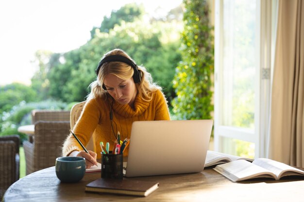 Blanke vrouw die thuis in de woonkamer werkt, een koptelefoon draagt en een laptop gebruikt, aantekeningen maakt. flexibel thuiswerken met technologie.