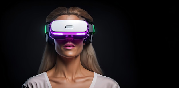 blanke vrouw met een VR-headset met neonverlichting met kopieerruimte