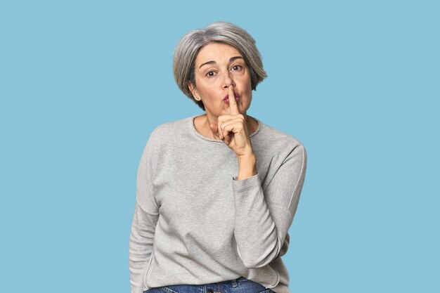 blanke vrouw van middelbare leeftijd op de achtergrond van de studio die een geheim houdt of om stilte vraagt