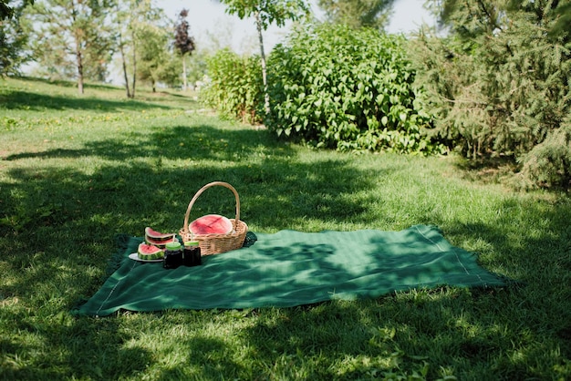 A blanket and a basket with watermelons in the park, a picnic in nature