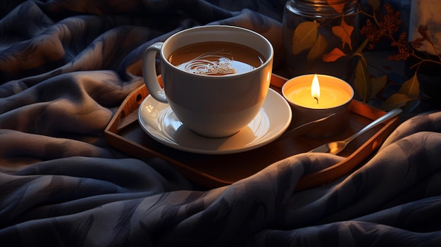 A blanket a cup of coffee and a candle on a tray