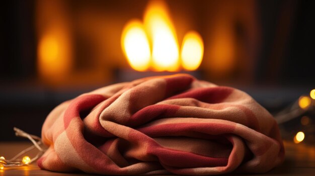 A blanket is sitting on a table near the fireplace ai