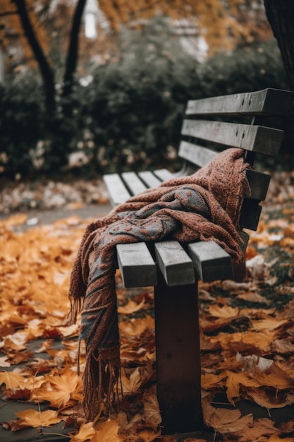 Photo a blanket on a park bench in the fall generative ai image