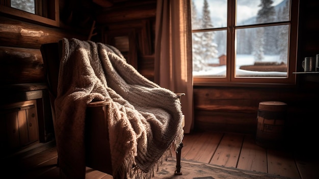 Blanket in a winter cabin Generative AI