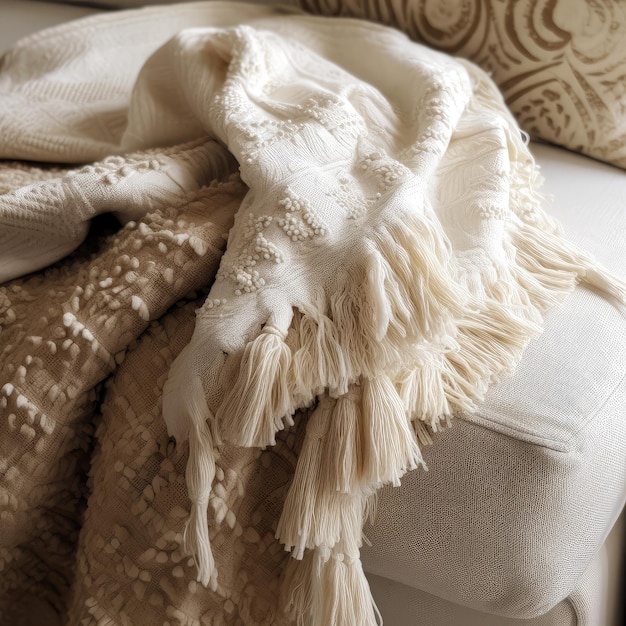 A blanket with fringe on it is on a bed.