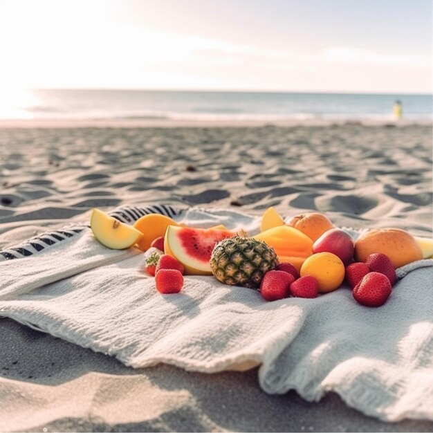 Blanket with Fruits on Sandy Beach Picnic Concept