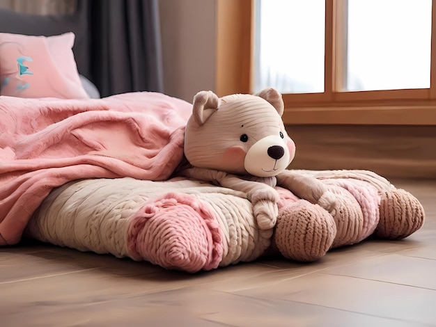 Blankets with a pillow and a wonderful childrens toy The rooms floor is wooden