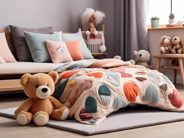 Blankets with a pillow and a wonderful childrens toy The rooms floor is wooden