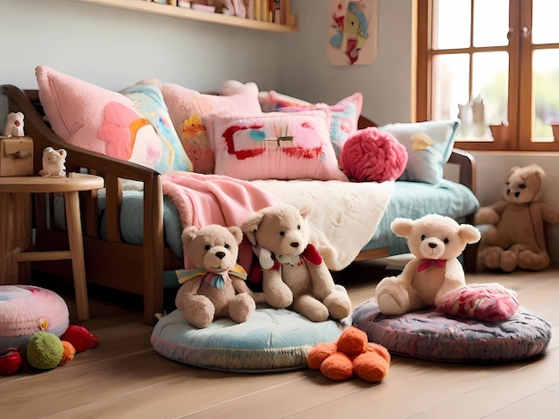 Blankets with a pillow and a wonderful childrens toy The rooms floor is wooden