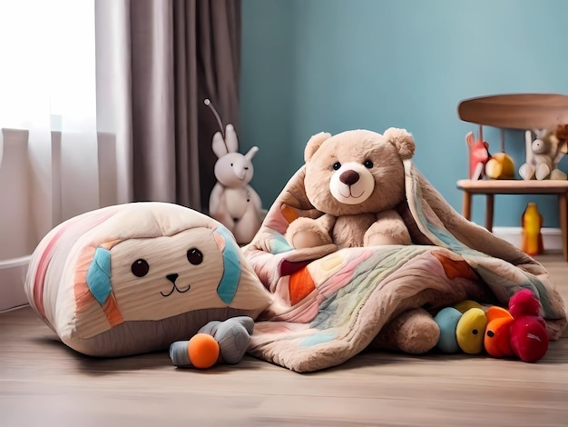 Blankets with a pillow and a wonderful childrens toy The rooms floor is wooden