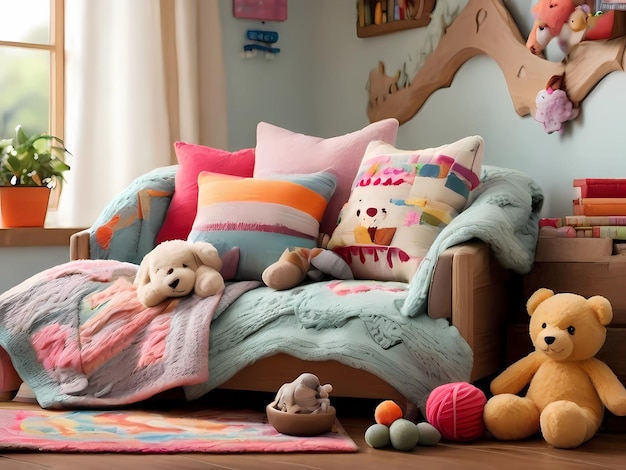 Blankets with a pillow and a wonderful childrens toy The rooms floor is wooden