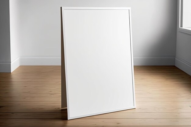 Blankframed white poster on wooden floor Print design mockup