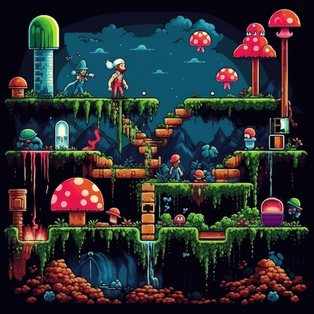 Blast from the Past Vibrantly Colorful Retro Game Level met Pixelated Hero en Characters op een Nig