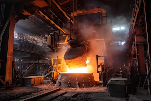 Blast furnace with flames and smoke coming out of the top while molten metal is being poured