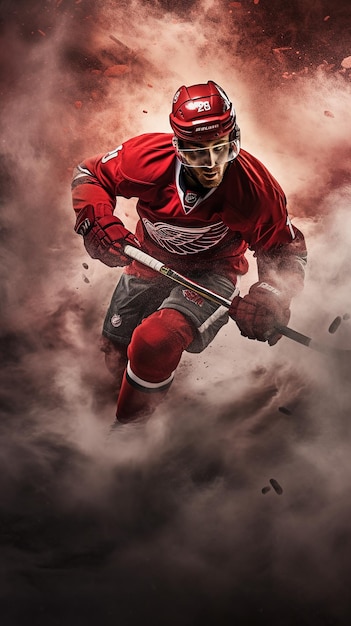 Blasted Hockey Player in Red Uniform Emerges