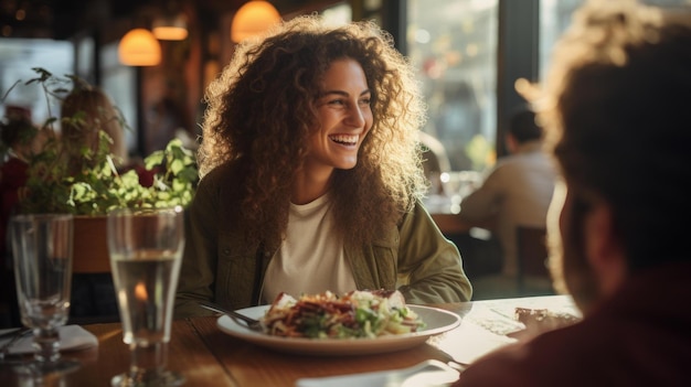 BLaughing woman with curly hair sitting at a table in a restaurant