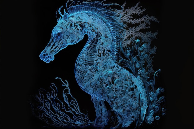 Blauw artistiek zeepaardje op zwarte achtergrond verlicht beeld van een zeedier Generatieve AI