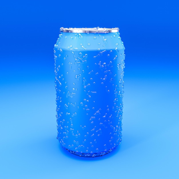 Blauw blikje met condensdruppels op een blauwe achtergrond. 3D render