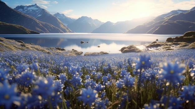 Blauw bloemenveld bij het meer in de natuur licht bergreflectie in het zonlicht van het meer en bergen op de achtergrond Generatieve AI