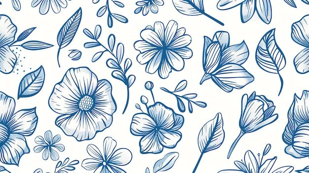 Blauw bloempatroon met delicate bloemen en bladeren op een witte achtergrond