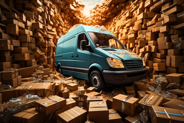 Blauw busje omgeven door dozen in een tunnel van hout Generatieve AI
