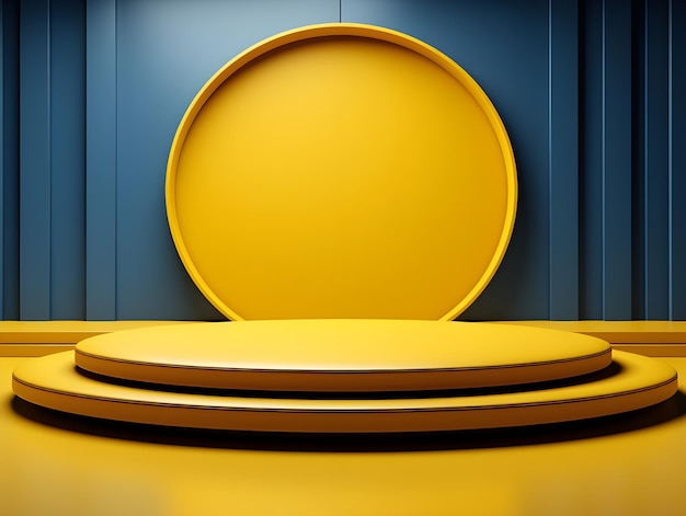 Blauw- en geel gekleurde premium podium mockup sjabloon voor productpremière weergave en presentatie