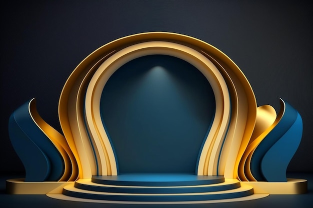 Blauw en goud podium concept scene stage showcase voor productpresentatie