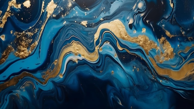 Blauw en goud schilderij met een blauwe achtergrond