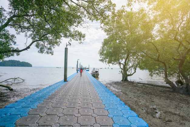 Blauw en grijs van kunststof ponton drijvend in de zee