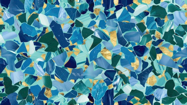 Blauw en groen Camo Terrazzo patroon met gouden accenten