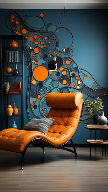 Foto blauw en oranje retro interieurontwerp