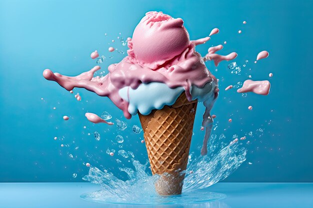 Blauw en roze pastel milkshake spatten op een ijsje over een blauwe achtergrond Generatieve AI