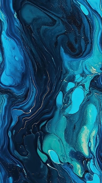 Blauw en zwart abstract schilderij met een blauwe achtergrond.