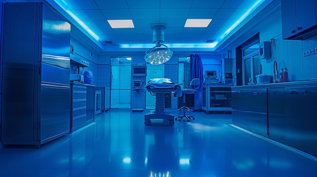 blauw filter en artistieke verlichting tijdens een diergeneeskundige operatie in een operatiekamer