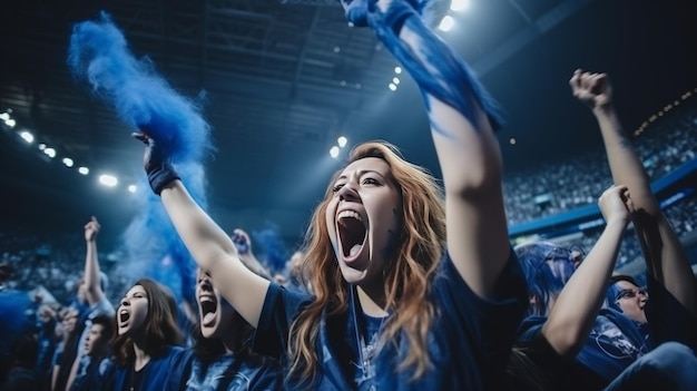 Foto blauw geklede fans geven energie aan het stadion door live naar de wedstrijd te kijken en te juichen vanaf de tribunes in de fanzone.