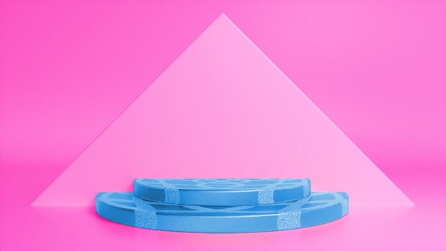 Blauw gestreept podium op roze abstracte driehoekige achtergrond Premium Foto