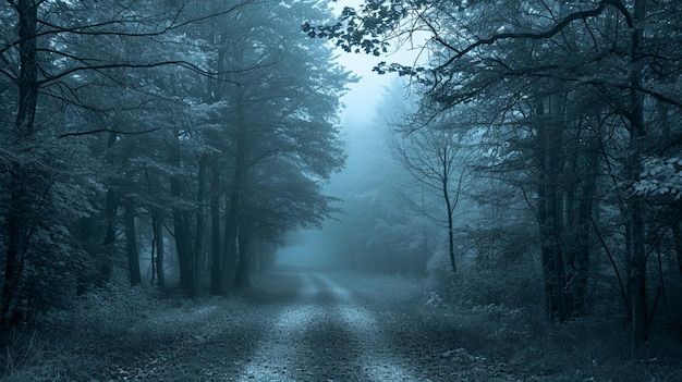 Blauw getinte mysterieuze weg door het bos tussen hoge bomen voetpad in het donker Generatieve Ai